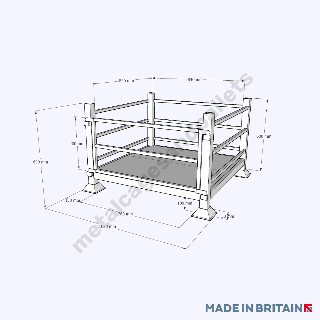 Technical drawing of stackable stillage crates with braced sides.