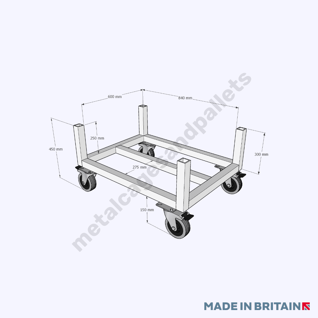 Technical drawing of stillage trolley on castor wheels.