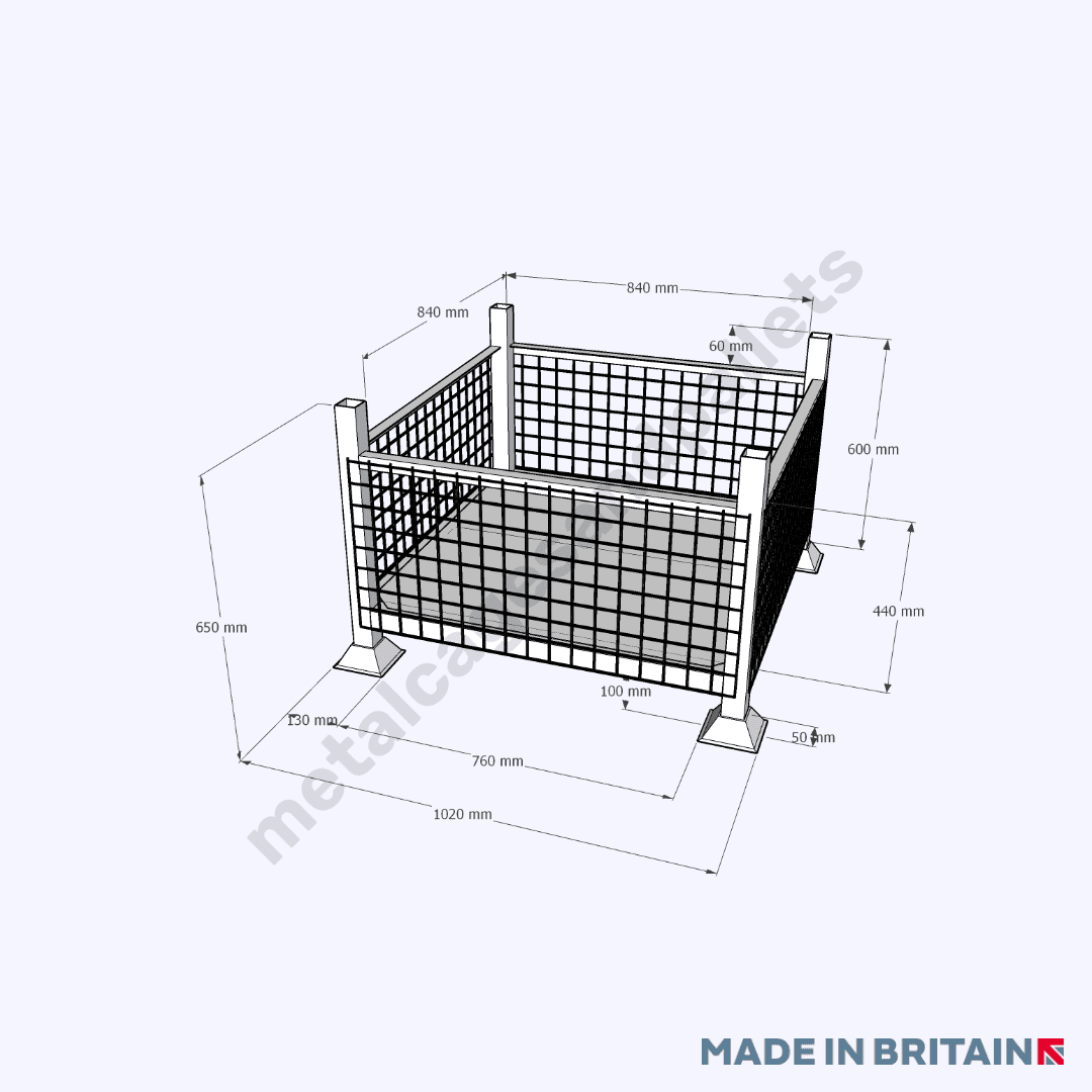 Measurements of stillage with mesh sides which is popular nationwide across a range of industries including logistics, petrochemical and nuclear