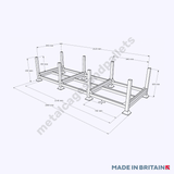 Triple metal post pallet for longer length products measuring 650h x 2800w