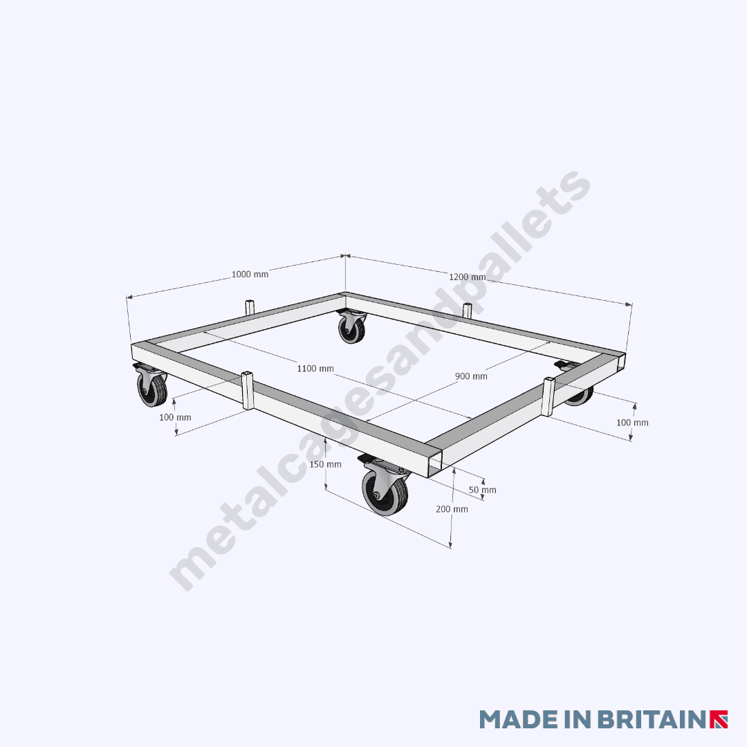 Technical drawing of UK pallet trolley dollies.