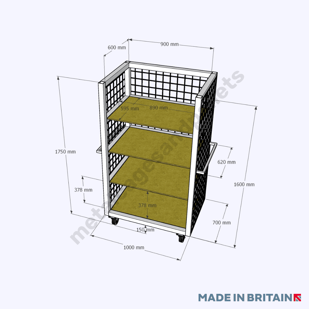 Technical drawing of shelf stock mesh trolley stillage with castor wheels.