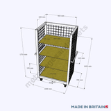 Technical drawing of shelf stock mesh trolley stillage with castor wheels.