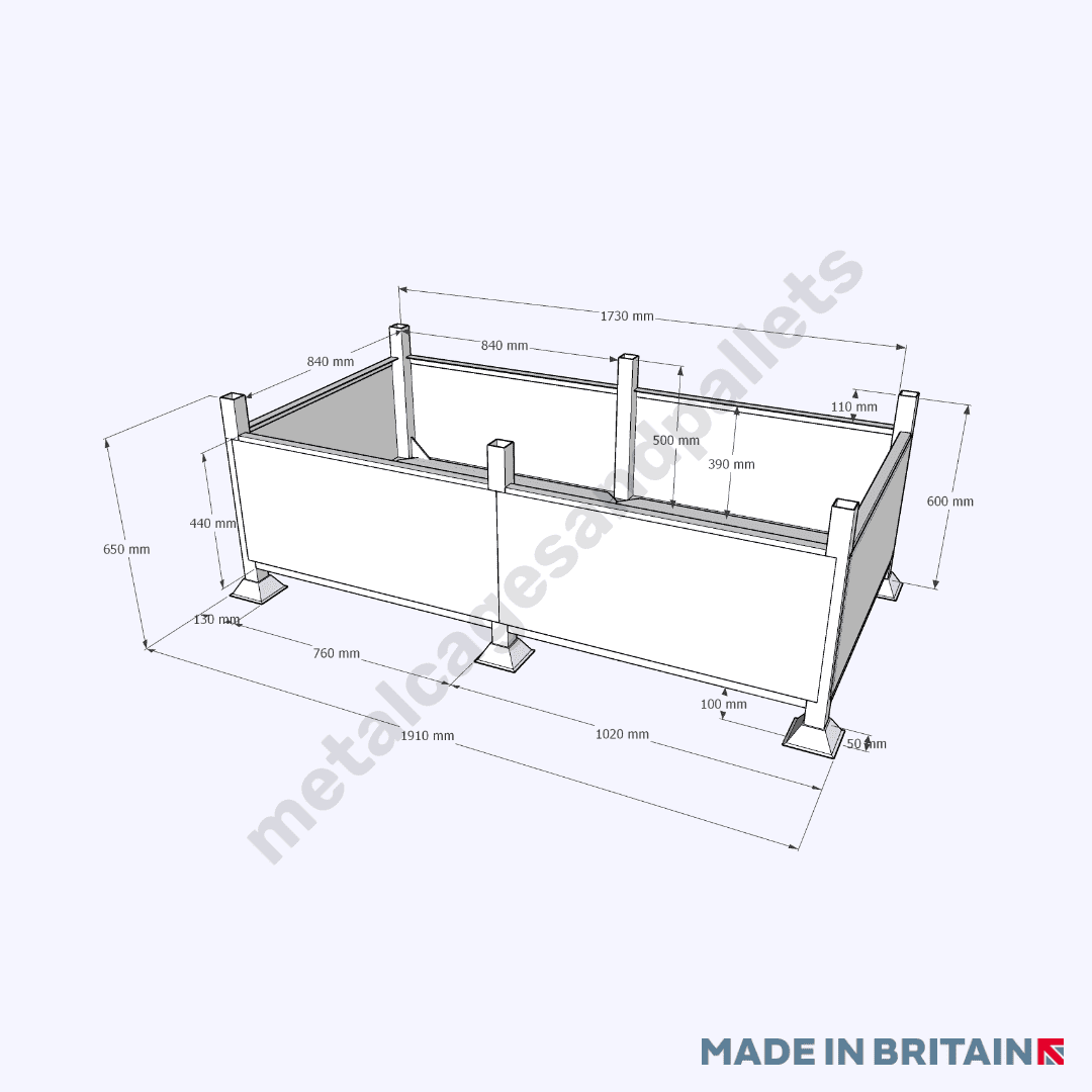 Technical drawing of solid stillage cage double width.