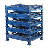 Tower of five blue collapsible cage stillages.