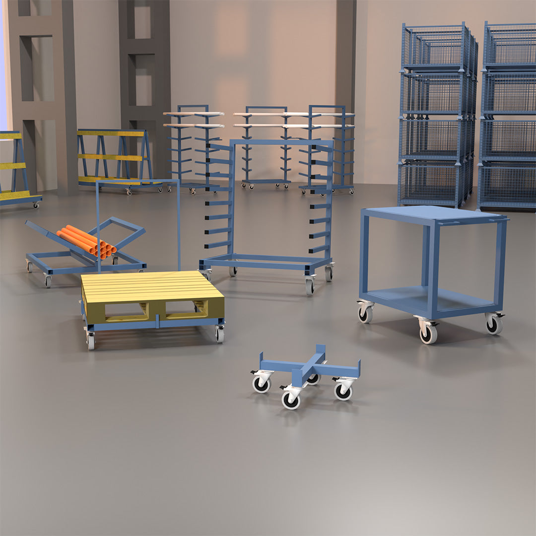 Range of blue mc&p trolley stillages inside of mc&p warehouse featuring stacked stillages.