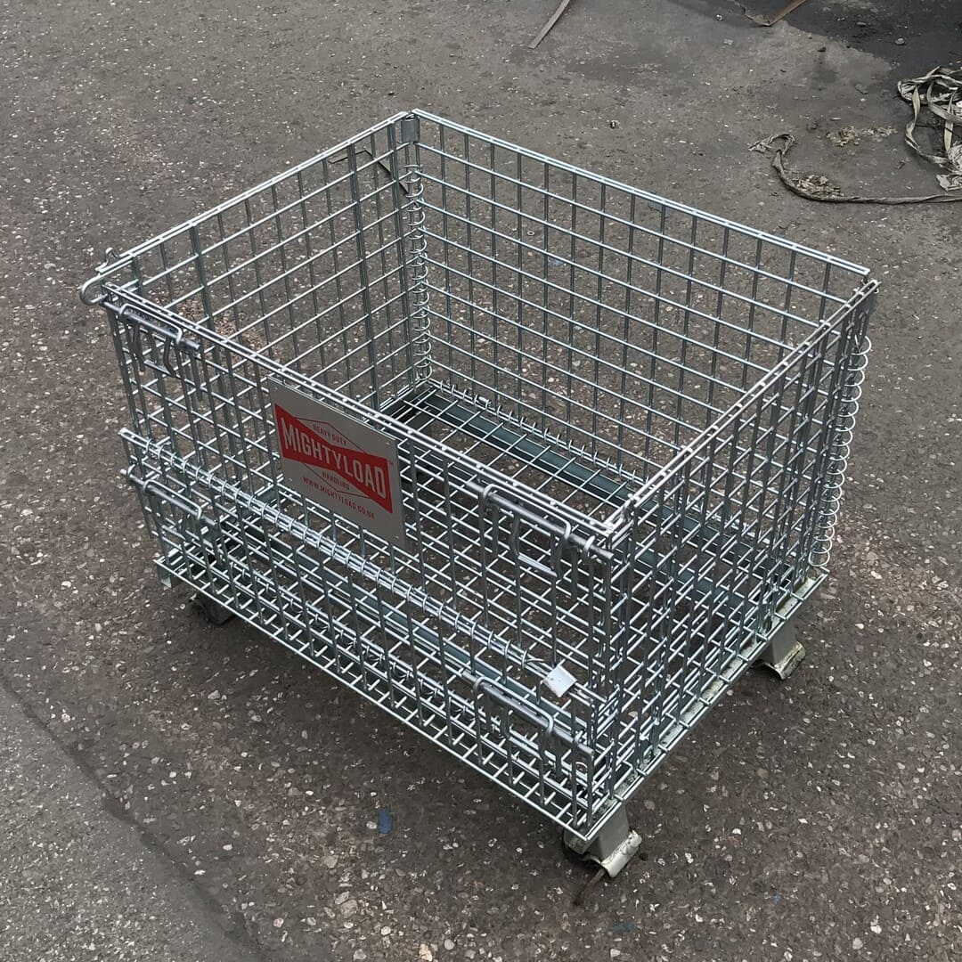 Used metal mesh pallet cage with a bright zinc plate finish, showing signs of light usage featuring MightyLoad logo.