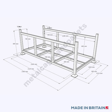 Technical drawing of our large metal pipe stillage for the storing of pipe and tubing products, available in lengths to 4.5 metres
