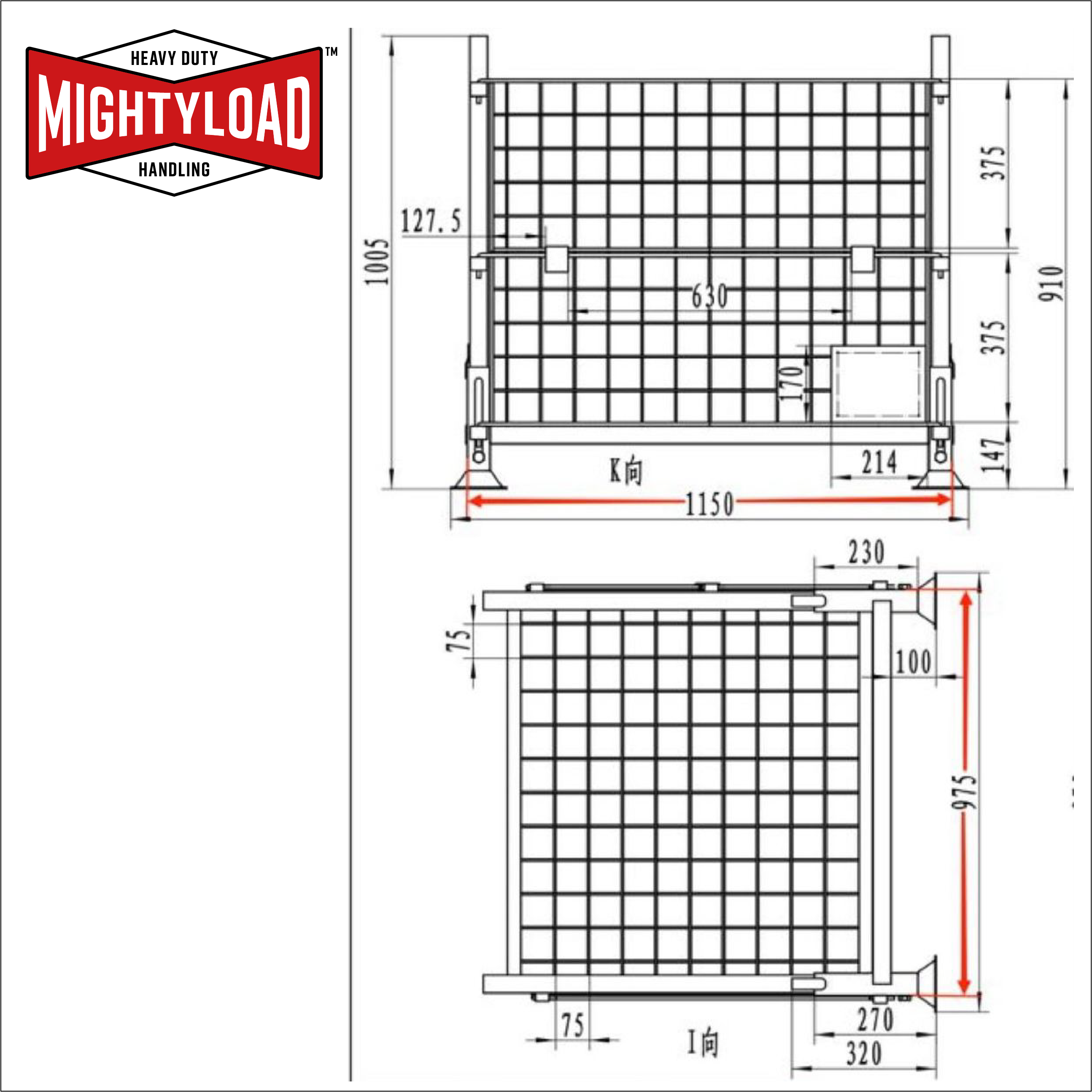 Technical drawing of a MightyLoad collapsible pallet cage stillage.
