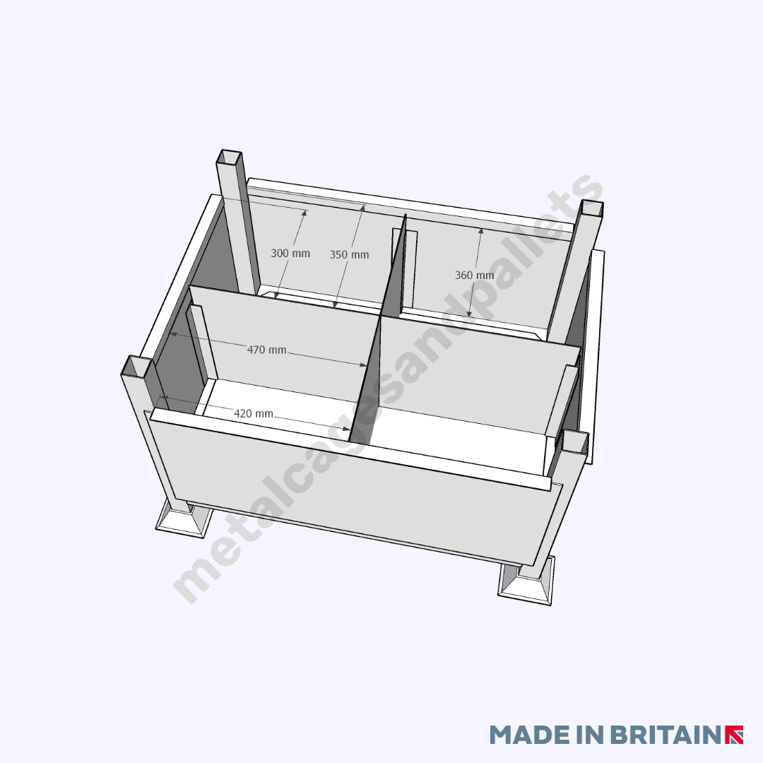 Technical drawing of metal stillage with solid sides and removable internal partitions.