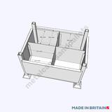 Technical drawing of metal stillage with solid sides and removable internal partitions.