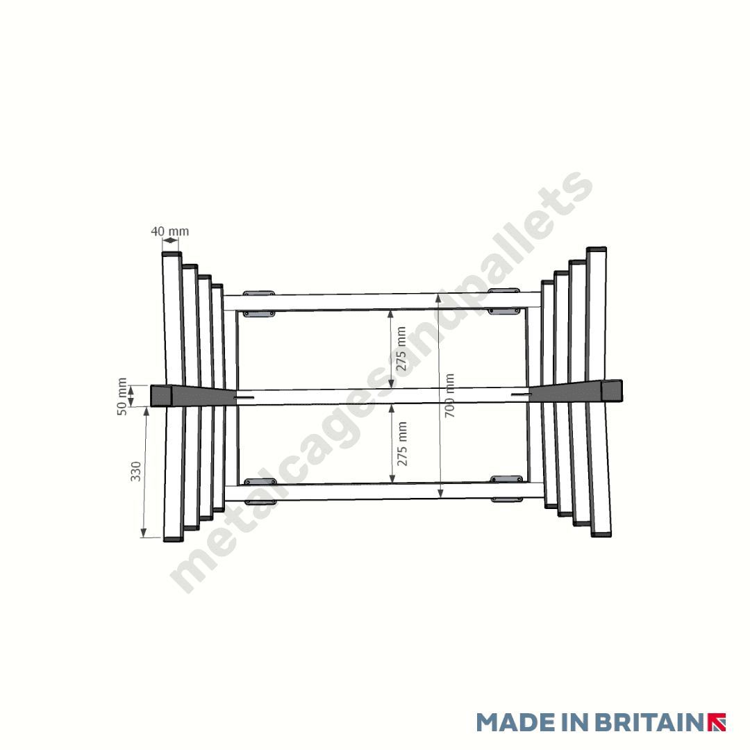 Top down view of technical drawing of pipe trolley stillage with castor wheels.