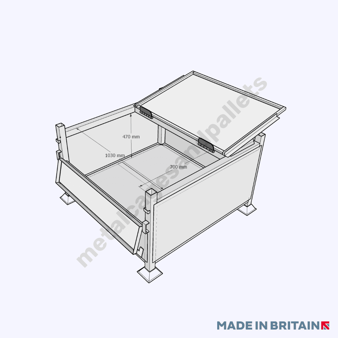 Top view technical drawing of reliable Lockable Stillage with Solid Sides Half Drop Front Door and Lid