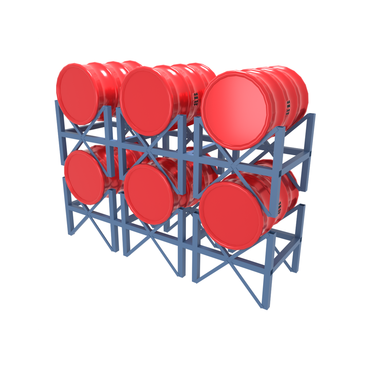 Triple blue metal drum storage rack with red drums stacked.
