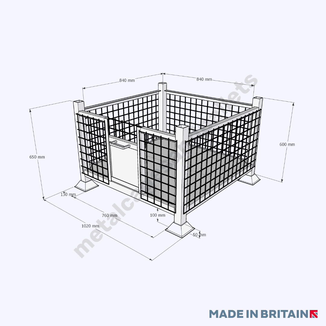 Measurements of mesh metal steel stillage pallet with hatch door that increases workplace efficiency and safety for sectors including manufacturing, warehousing, construction and automotive