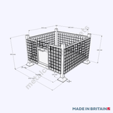 Measurements of mesh metal steel stillage pallet with hatch door that increases workplace efficiency and safety for sectors including manufacturing, warehousing, construction and automotive