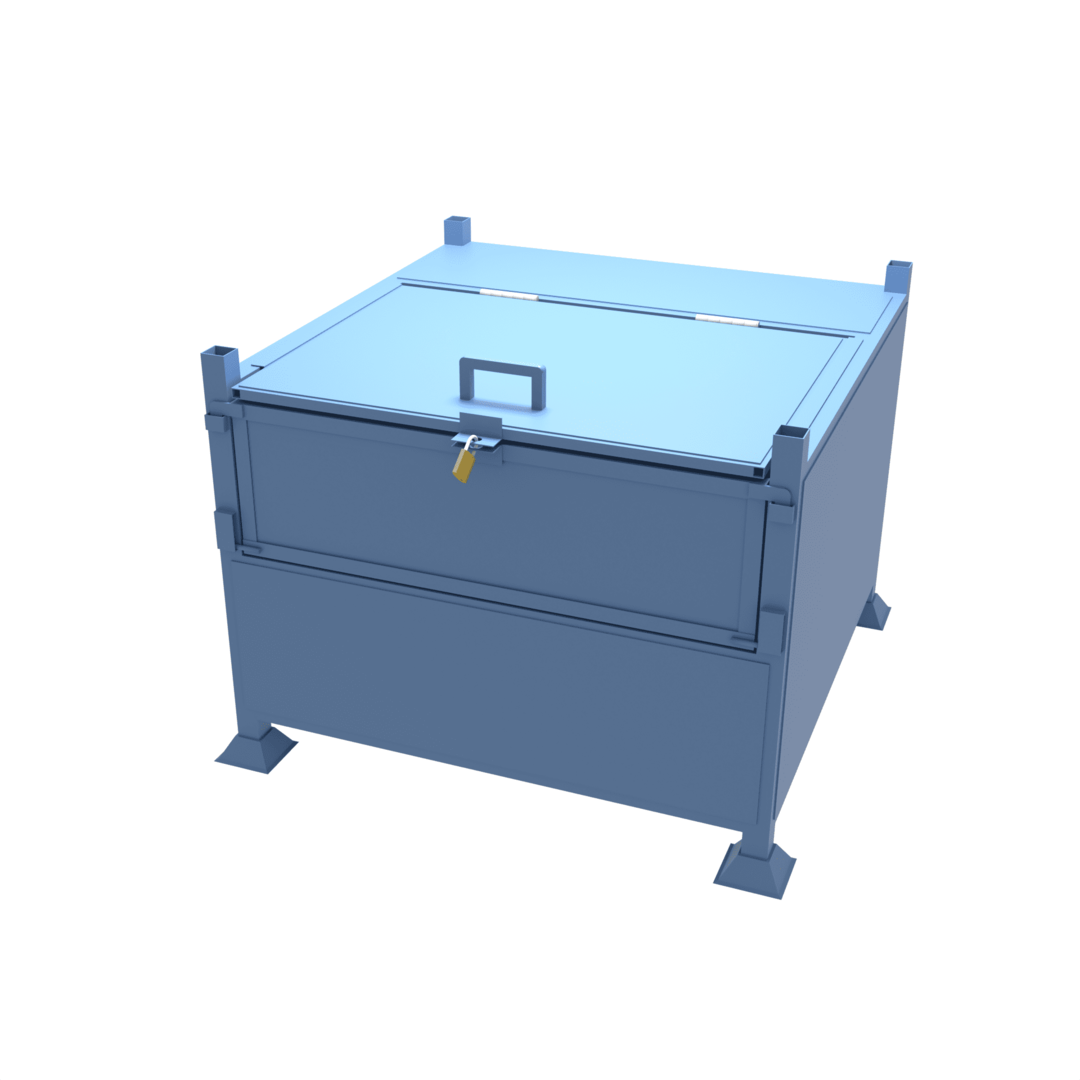 Drawing of our large lockable site stillage with half drop front with a load capacity of 1000KGs or 1 tonne