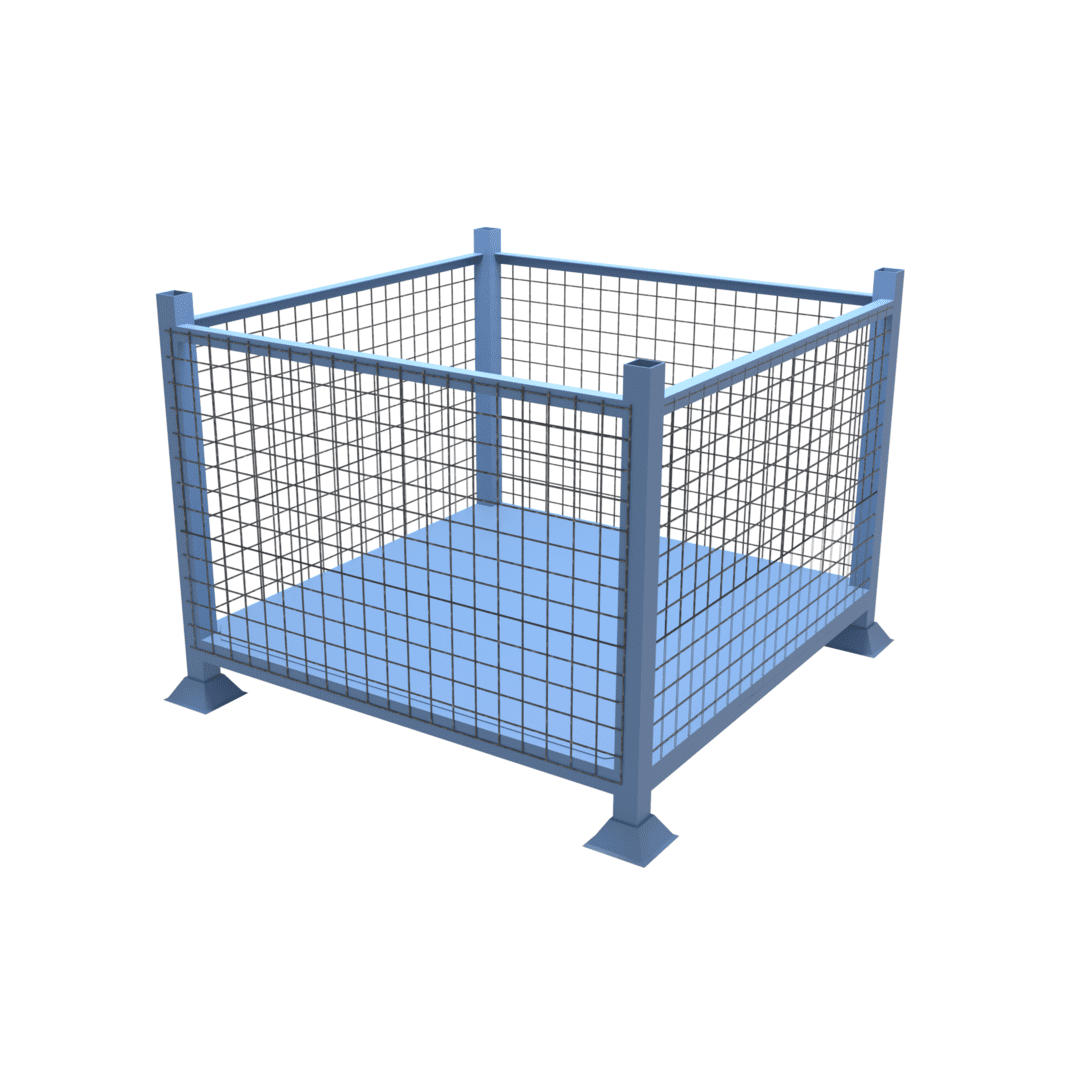 Drawing of our extra large industrial stillage with all mesh sides and a solid metal sheet base