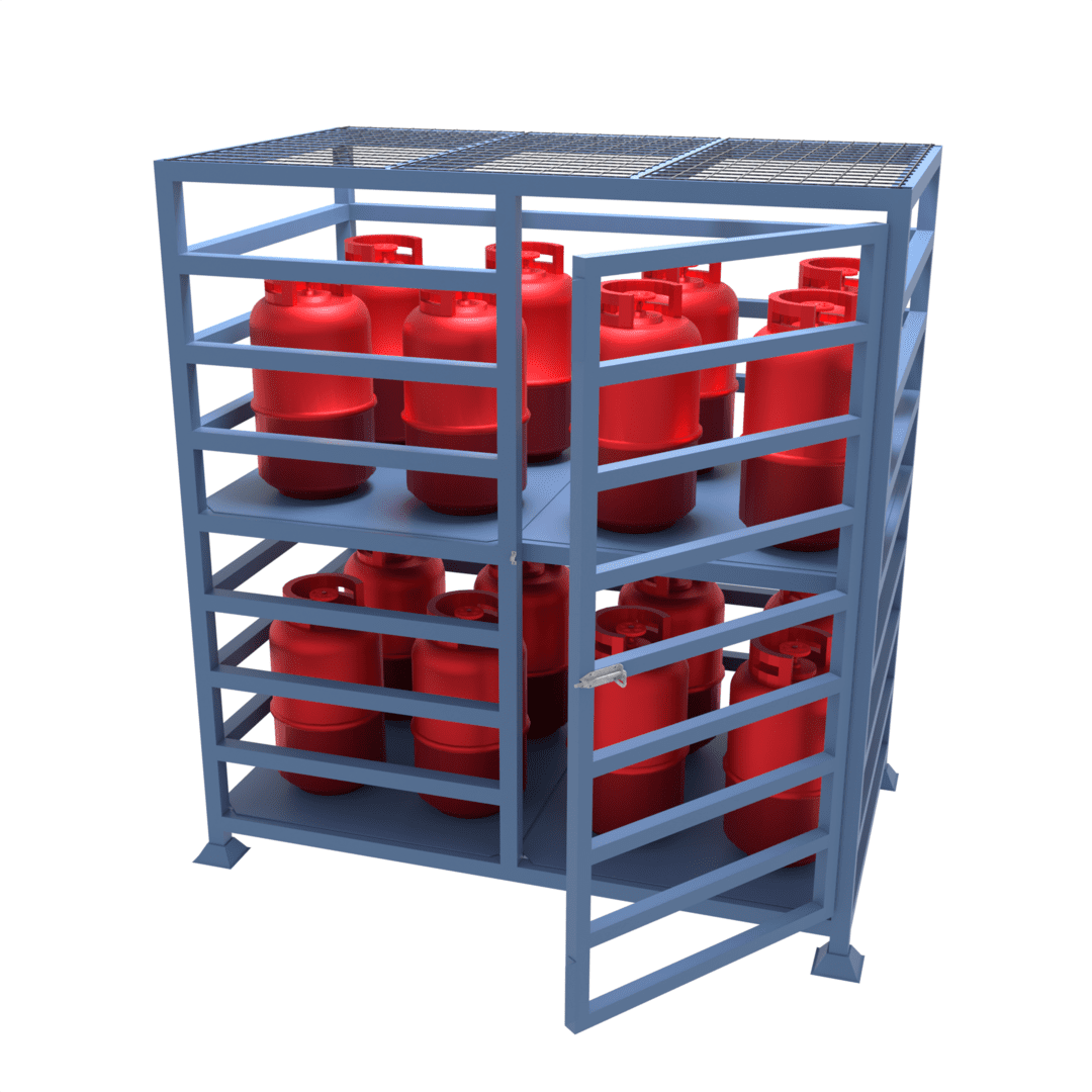 Freestanding gas bottle cylinder storage cage with internal shelf and lockable door