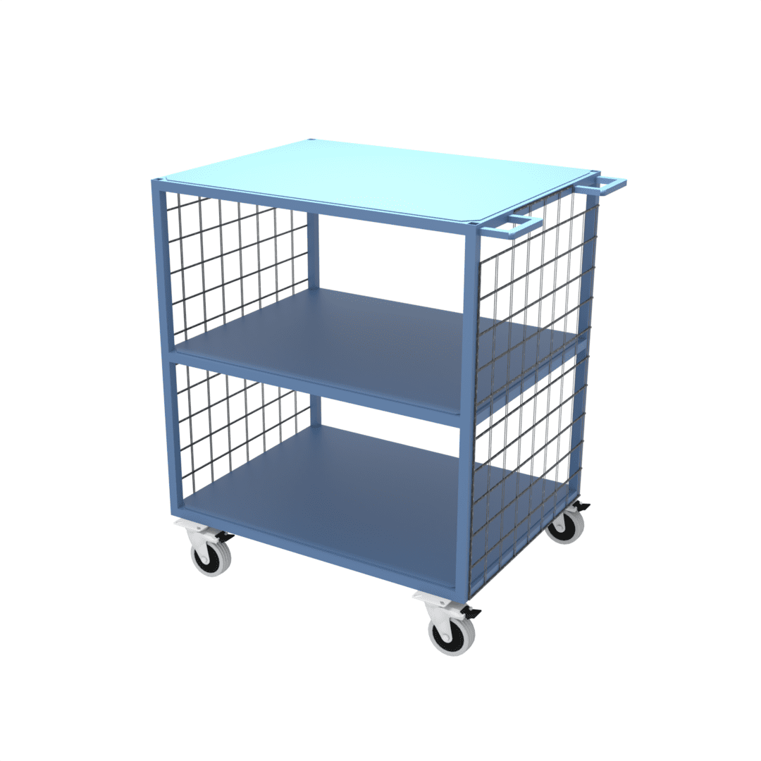 Industrial table shelf trolley with mesh sides, and a heavy duty load capacity of 1000KGs