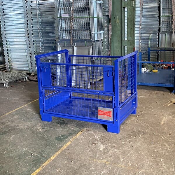 Shop for heavy duty collapsible pallets and cages including this blue Gitterbox with a 1200KG safe working load