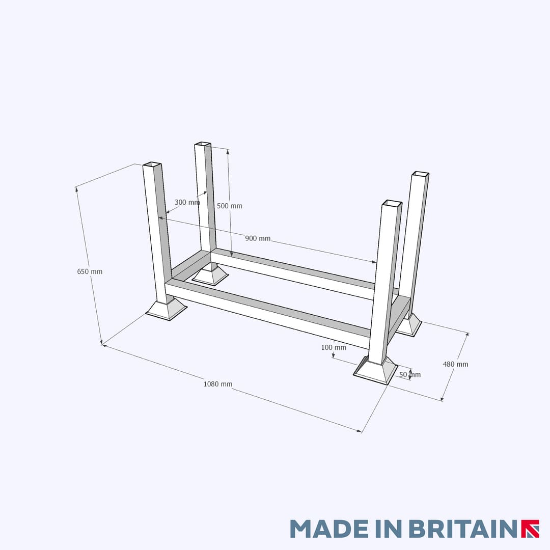 Technical drawing of our large stackable cradle for storing metal bars, pipes and tubing products in a safe and efficient manner