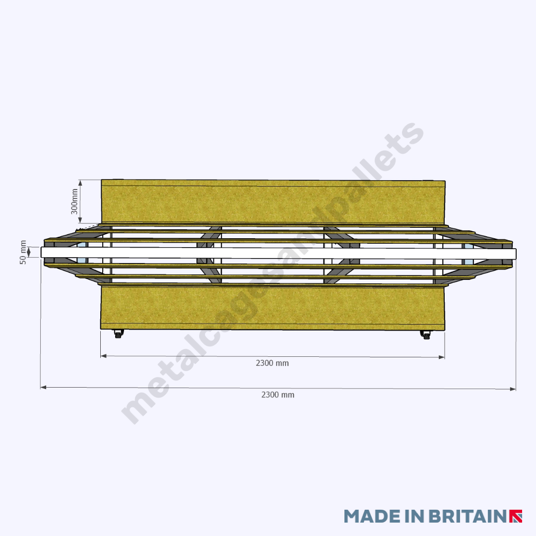 Top view technical drawing of short profile heavy duty A-frame glass stillage trolley measuring 2300w 1400h