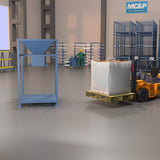 Blue bulk bag chute lifting frame with forklift holding bag on wooden pallet inside mc&p warehouse.