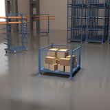 Blue mesh stillage storage box with pipe rack and stacked stillages inside of mc&p warehouse.