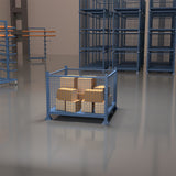 Blue mesh stillage storage boxes inside mc&p warehouse.