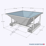 Technical drawing of a bulk bag filling hopper with full length forklift guides.