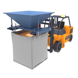 Blue metal filling hopper stillage with full length forklift guides attached to a forklift and bulk bag.