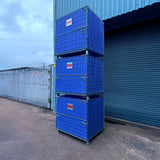 Stack of blue MightyLoad stillage storage containers featuring plastic lining.
