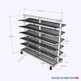 Technical drawing of a blue double width tall metal stillage with mesh shelves.