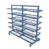 Blue double width tall metal stillage with mesh shelves.