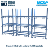This drawing shows how our optional fork lift pockets are fitted to metal stillages and post pallets