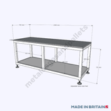 Heavy-duty workbench with feet and measurements 