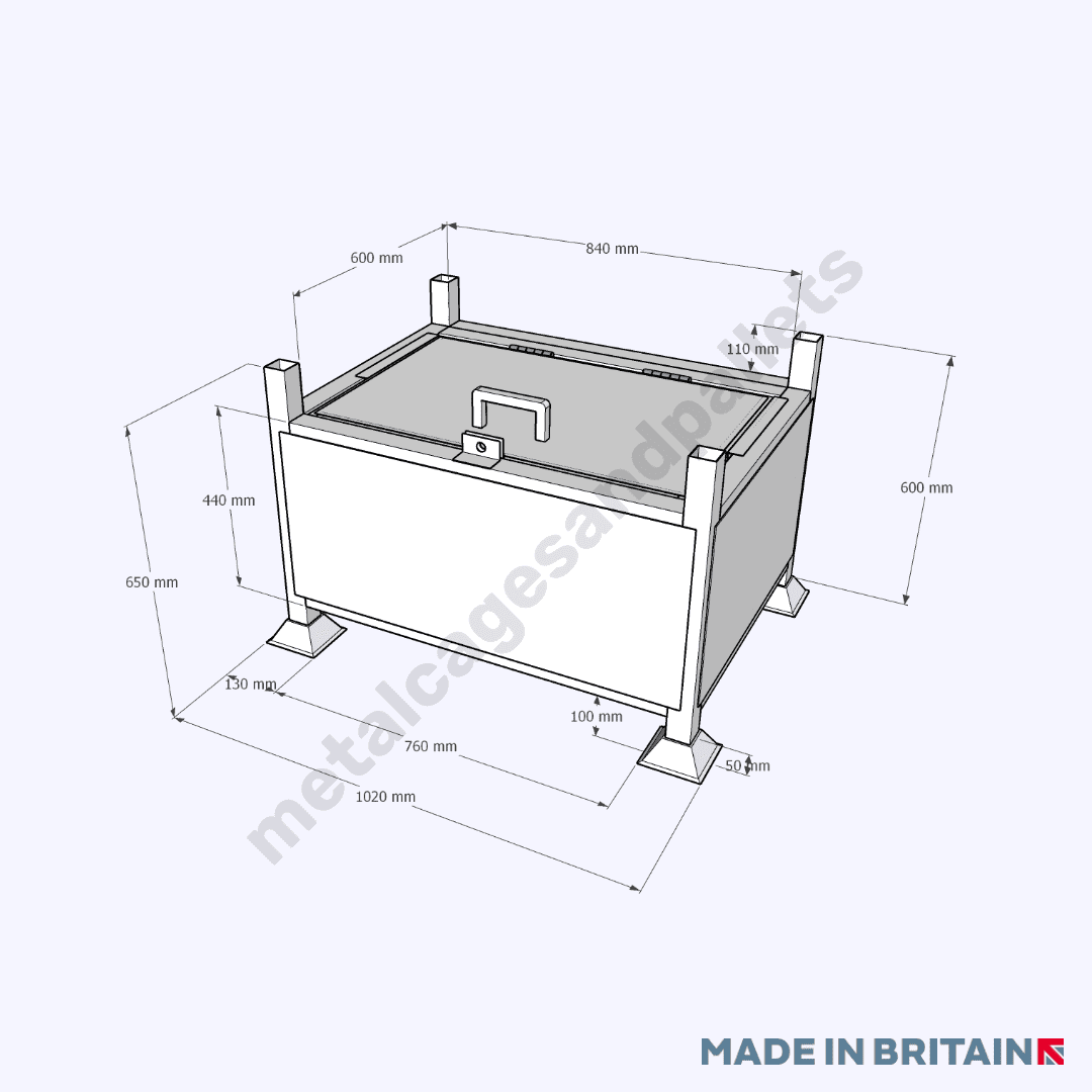 Technical drawing of Lockable Stillage with Solid Sides and Lid, perfect for storing large and valuable items