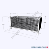 Measurements of mesh stillage cage with 4 lift off sides for safe, fast and adaptable loading and unloading of both small and bulky products