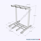 Technical drawing of gas cylinder stand (3 cylinder model) with ground fixing brackets.