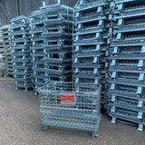 Photo shows half-euro sized collapsible metal pallet cages for sale via our website