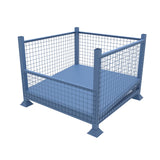 Blue metal half front stillage with mesh sides and an angled base.