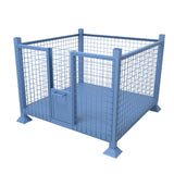 Blue metal mesh storage stillage cage with closed hatch door.