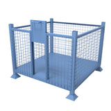 Blue metal mesh storage stillage cage with open hatch door.