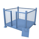 Blue metal mesh storage stillage cage with removed hatch door.