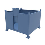 Blue metal stillage bin with sliding hatch door open.