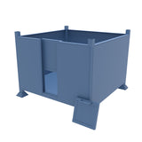 Blue metal stillage bin with sliding hatch door removed.