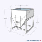 Technical drawing of a metal stillage hopper with a shut sliding door.