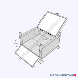 Technical drawing of open heavy-duty Large Lockable stillage with full drop front 