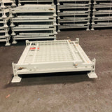 Photo shows MightyLoad Pallet Cage in fully collapsed position, which saves space and allows the pallet cages to be stacked when no in use